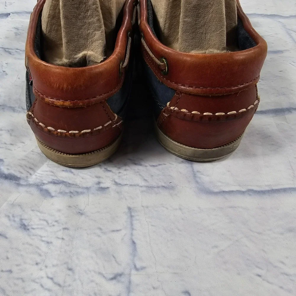 Sebago Docksides Boat Shoes Mens 8.5 Navy Blue Brown Leather Nautical Made USA